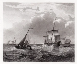 1800er Willem van de Velde Gravur "Segelschiff Seelandschaft" signiert GERAHMT COA - Bild 1 von 2