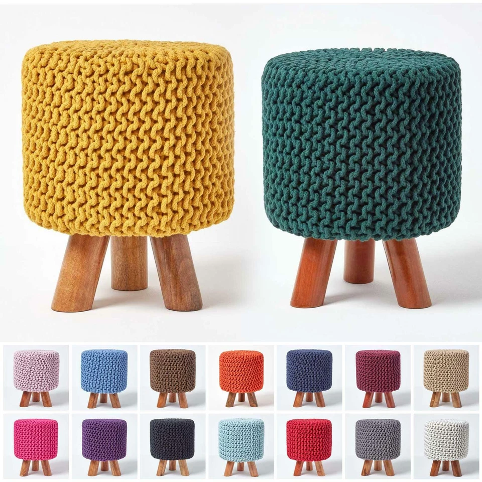 Tall 100% Knitted Cotton Pouffe Footstool with 3 Wooden Support Legs - Image 1 of 1