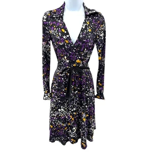 Diane Von Furstenberg Wrap Dress Silk Splatter Print Purple Yellow Black Size 2 - Picture 1 of 7