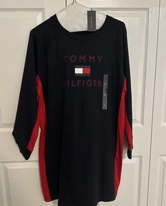 NWT Tommy Hilfiger Dress Tunic XL Pullover Fleece Sweatshirt Blue Spellout - Picture 1 of 12