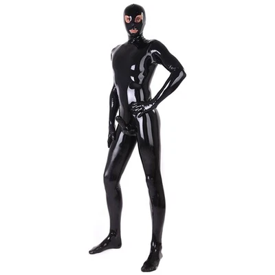 Male Latex Catsuit Bodysuit with Penis Condom Open Eyes Mouth Back Zipper - Image 1 of 4