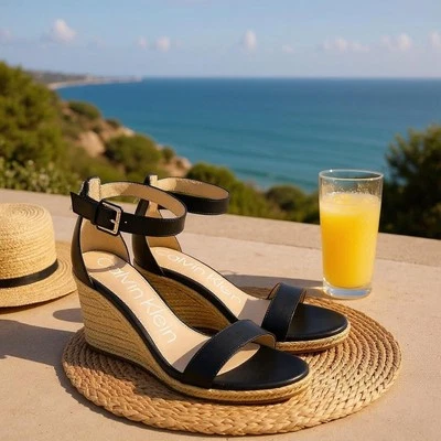 CALVIN KLEIN женщин кожи на молнии ремень Espadrille на танкетке сандалии - 10 M черный - Изображение 1 из 4