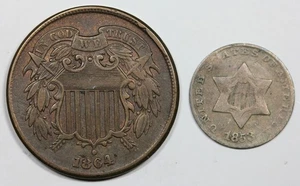 Pair - 1864 2 Cent Piece, Large Motto, rotated dies & 1853 3 Cent silver - Picture 1 of 2