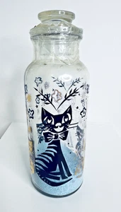 Vintage MCM Atomic Cat Glass Canister Jar 50s Black Gold Retro Decor - Picture 1 of 7