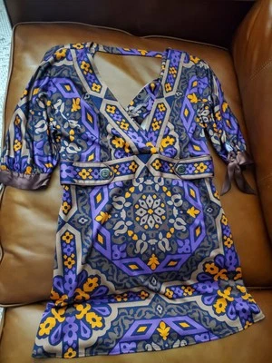 Túnica de seda Hale Bob Top para mujer S naranja púrpura cabaña usada en excelente estado Foto 1 de 3