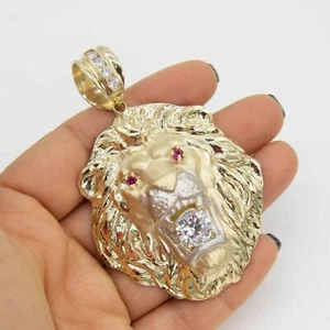 3" Huge Diamond-Cut Roaring Lion Pendant Real Solid 10K Yellow White Gold - Picture 1 of 2