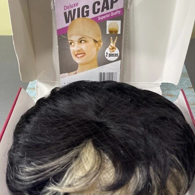 YJoQoKoA 小精灵剪黑色带金发条纹人类头发假发全新含帽子 — 第 1/4 张图片