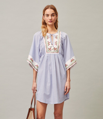 Tory Burch tunica da spiaggia ricamata M copricostume da bagno 6 8 spiaggia righe caftano nuova con etichette