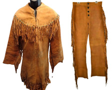 Mens Western Cowboy Brown Suede Leather Mountain Man Fringes Shirt & Pant WSP298
