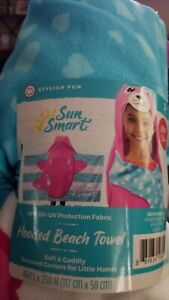 New GIRL'S Shark Hooded Beach Towel UPT 50+ Protection Fabric By Sun Smart Soft 