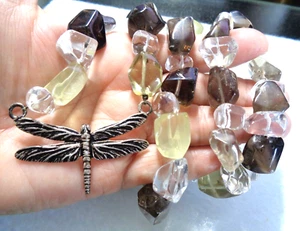 Fashion, Handcrafted Quartz Beads, Silver Tone Dragonfly Pendant Necklace. - Picture 1 of 6