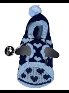 Dog Sweater Hooded Pom Pom XS Small Breeds Blue Hearts by Little Barkers Pet US - Picture 1 of 24