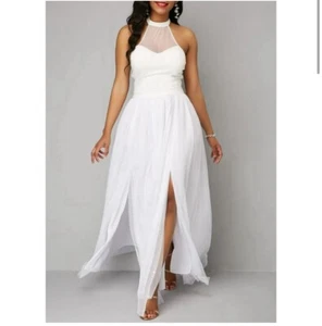 Bridal Women's Long Elegant Halter  White Mesh Panel Dress, Medium Bride - Picture 1 of 13
