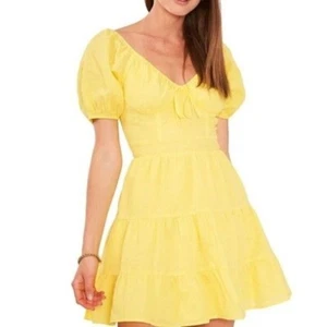 Chelsea & Violet Buttercup Yellow Linen V-Neck Tiered Puff Sleeve Mini Dress M - Picture 1 of 6