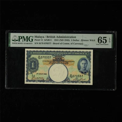 Malasia 1941/Administración Británica 1 dólar Pick #11 PMG 65 EPQ gema UNC Foto 1 de 4