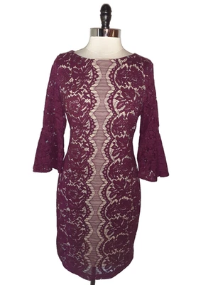 Vestido Vaina GABBY SKYE Talla 14 Rojo Vino Floral Encaje Manga 3/4 Hasta la Rodilla Foto 1 de 4