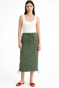 Ultra Flirt Cargo Skirt Midi Utility Pockets Rip Cord Waist Khaki Green Sz S NEW - Picture 1 of 9