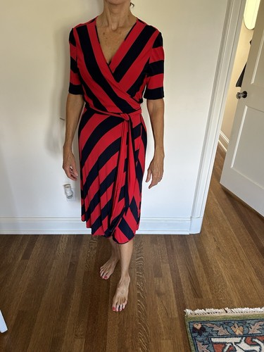 TORY BURCH Peggy Vestito Avvolgente Blu Navy con Righe Accenti Maglia M (Orig. $498)