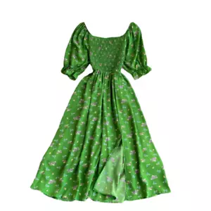 Women Square Neck Puff Short Sleeve Floral Dress Midi Split Ruffle Beach Summer - Picture 1 of 22