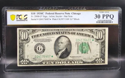 1934C $10 Federal Reserve Chicago ⭐STAR NOTE ⭐Fr#2008-G PCGS Very Fine 30 PPQ - Image 1 of 2