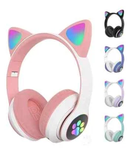 CUFFIE BLUETOOTH WIRELESS GAMING AURICOLARE LED ORECCHIE GATTO IPHONE SMARTPHONE - Foto 1 di 14