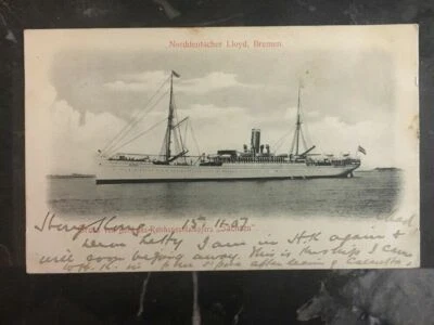1907 Hong Kong Picture postcard Cover German Ship Sachsen To Usa - Image 1 of 2