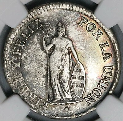 1828 NGC MS 61 Peru 2 Reales Standing LIberty Silver Coin POP 1/3 (22040701C) - Image 1 of 4