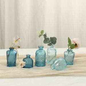 6 MIXED BLUE Decorative Glass Flower VASES Embossed Vintage Design Party - Picture 1 of 7