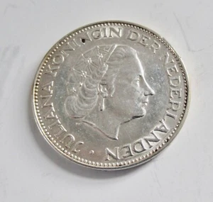 Moneta 2 1/2 fiorini Olanda 1960 .720 argento bordo con lettere - Foto 1 di 3