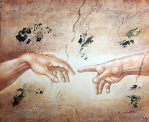 Michelangelo God Touching Adam Repro Sistine Chapel Oil Painting 20X24 STRETCHED - Picture 1 of 3