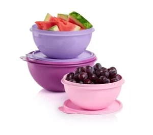 NUOVO Tupperware Classic Wonderlier Ciotola Set 3 Pezzi con Guarnizioni VIOLA ROSA LAVANDA - Foto 1 di 1
