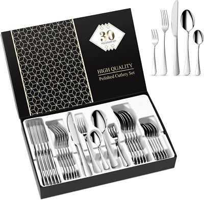 Posate 30 Pezzi per 6 Persone, Acciaio Inox, Lavabili in Lavastoviglie (Argento) - Immagine 1 di 4