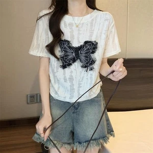 Effortless Style Women's Loose Short Sleeve Top with Perforated Design - Picture 1 of 17