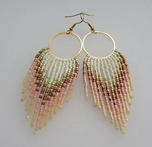 Seed Bead Fringe Hoop Earrings Handmade Native American Style Tassel Boho Hoops - Picture 1 of 13