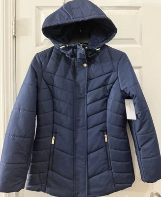 Nuevo con etiquetas Abrigo acolchado Liz Claiborne para mujer talla mediana AZUL MARINO Abrigo con capucha NUEVO $200 Foto 1 de 3