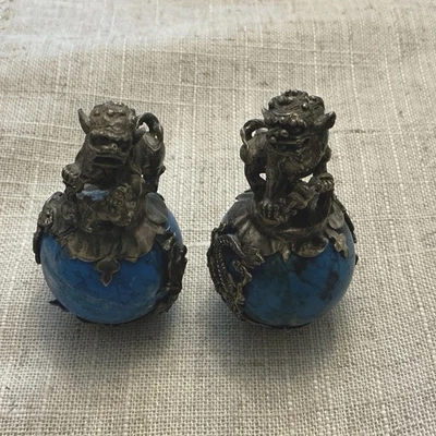 Juego Chino de Plata Dragón Jade Bola Foo Perros León (2) Foto 1 de 4