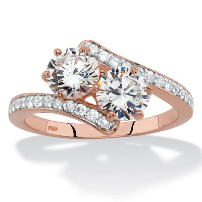 2.20 克拉 镀玫瑰金 0.925 银圆形立方锆石 2 石旁路戒指 — 第 1/4 张图片