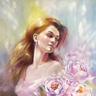 Woman Peonies Painting Romantic Floral Figure Art Realistic Flower Portrait