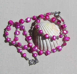 Necklace & Bracelet Set, Bright Pink Freshwater Pearl and Silver "Vibrance" - Picture 1 of 10