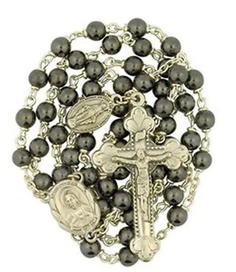 N.G. Hematite Prayer Bead with Sacred Heart of Jesus Centerpiece Rosary, 18 Inch - Picture 1 of 2