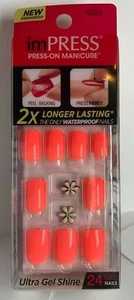 Impress Gel Manicure Press on Nails Short Neon Pink with flower charm - Picture 1 of 1