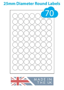 25mm Round Labels, 70 White Labels Per A4 Sheet, Laser Inkjet Printer Stickers - Picture 1 of 1