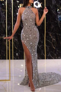Hot Sexy Halter Sequins Evening Prom Party Dress High Slit Celebrity Gown 2 4 6+ - Bild 1 von 5