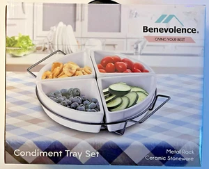 Ceramic Stoneware 5-pc Condiment & Snack tray Set with Metal Rack, New in box - Picture 1 of 4