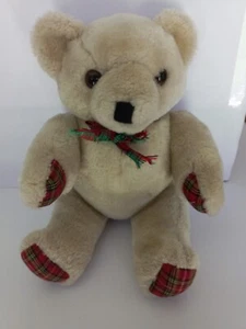 VINTAGE TEDDY BEAR WOOL BODY TARTAN ARTICULATED ARMS AND LEGS STUFFED PLUSH VGC - Picture 1 of 8