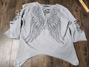 CCK Style Angel Wings Bedazzled Distressed Sweatshirt Women's Size XL