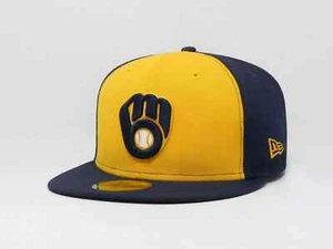New Era 5950 Hat Milwaukee Brewers Alternate Glove Gold Blue Fitted Cap 7 1/4 - Picture 1 of 7