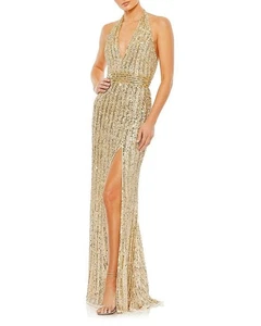 Mac Duggal 5759 Pailletten Neckholder Träger Trompetenkleid Nude Gold Größe 12 - Bild 1 von 9
