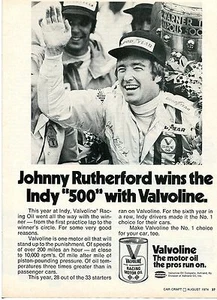 1974 Valvoline Racing Motor Oil Johnny Rutherford Indy 500 Victory Print Ad - Picture 1 of 1