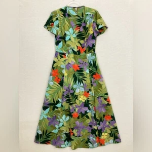 Mango Green Purple Colorful Tropical Faux Wrap Midi Dress size 8 Feminine - Picture 1 of 12